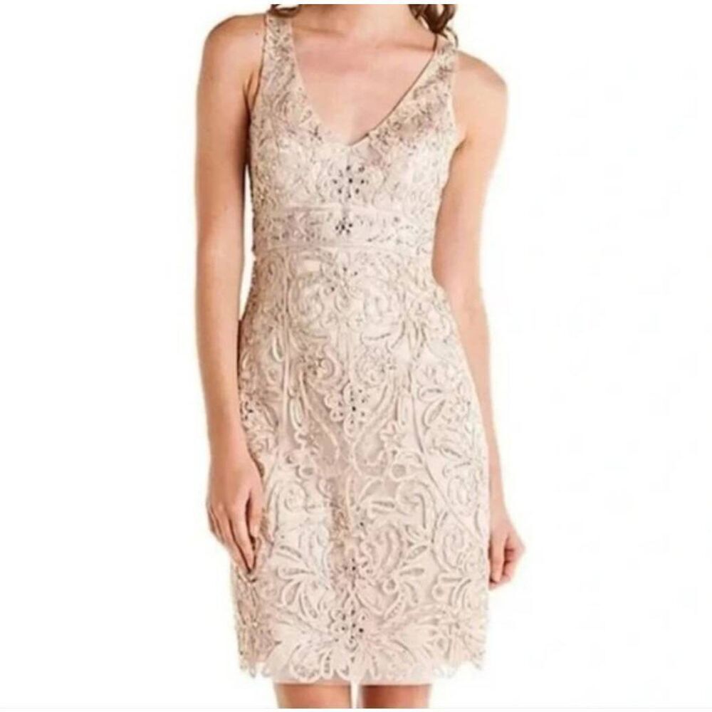 Sue Wong Champange Beaded and Embroidered Sleeveless Cocktail Dress Size 2